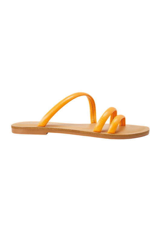 Cacau Calf Orange Leather Three-Strap Slide Sandals