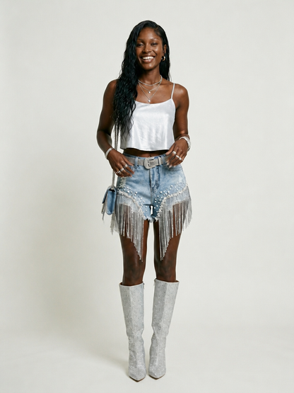 Radiant Beaded Tassel Denim Shorts