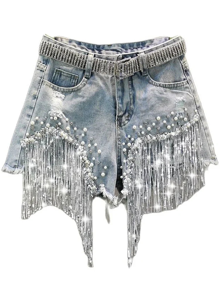 Radiant Beaded Tassel Denim Shorts