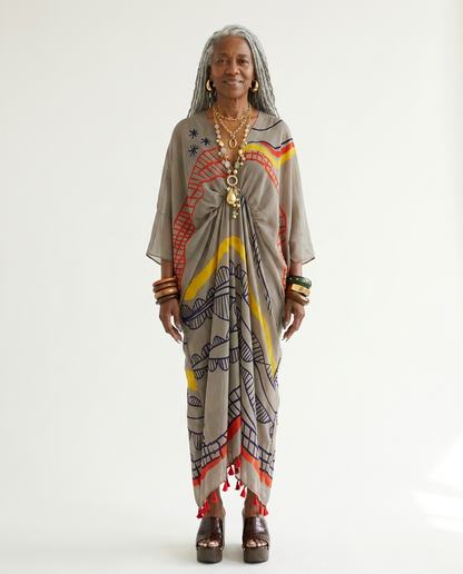 Wanderlust Graffiti Print Tassel Kaftan