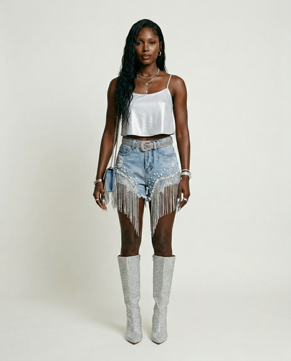 Radiant Beaded Tassel Denim Shorts